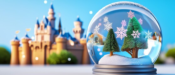 A charming snow globe featuring evergreen trees and snowflakes, set against a whimsical castle in a bright blue background.