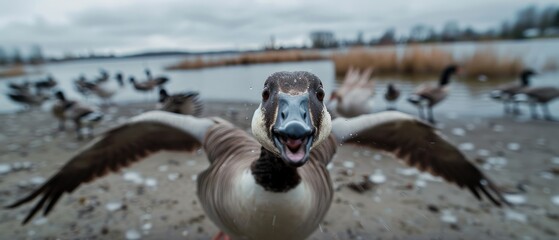 A curious duck spreads its wings as it approaches, caught mid-flight by a lake, with a bustling group of waterfowl in the background.