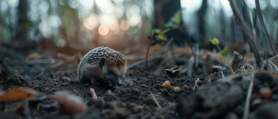Obraz premium A young hedgehog explores the forest floor, cautiously venturing into the undergrowth at the break of dawn.