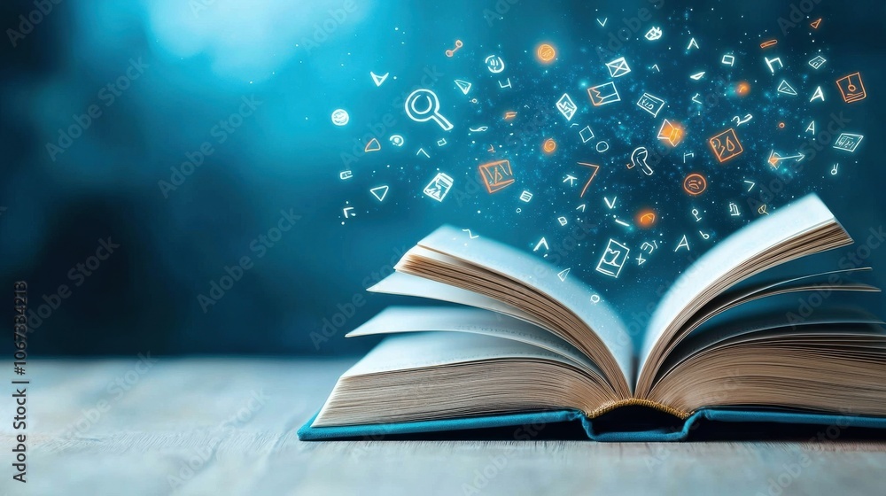 Poster glowing open book with abstract page elements
