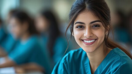 Smiling student in nursing scrubs, classroom setting, focus on expression, learning environment, young professional.