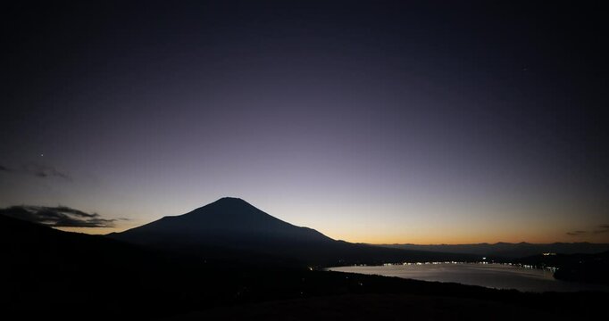 Mt. Fuji and Lake Yamanaka in the twilight after sunset in Japan 002. 20mm Lens, C4K, 4096 x 2160, H.264, 10bit, 29.97fps, Movie.
