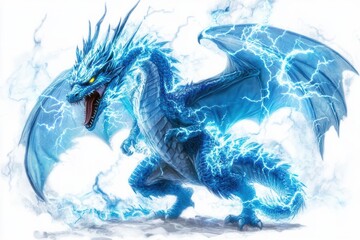 Electric blue dragon with lightning, dynamic pose on a white isolated background.