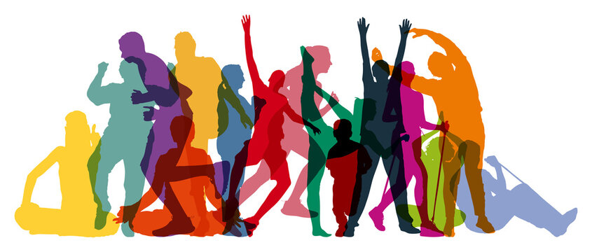 Bunte Silhouetten von Menschen in Bewegung bei Sport und Fitness