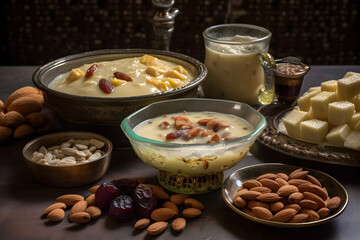 Traditional Indian dessert spread with nuts and fruits on table, food background