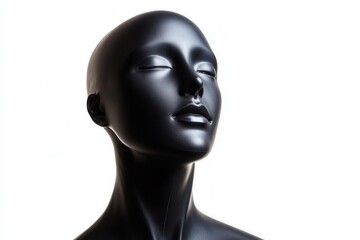Stylish black mannequin head, white isolated background.