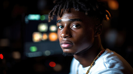 A young man with distinctive hair looks directly at the camera, immersed in a dimly lit space filled with illuminated screens