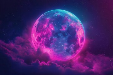 Fototapeta premium Vibrant moon glowing in a cosmic scene with colorful clouds, dark night sky.