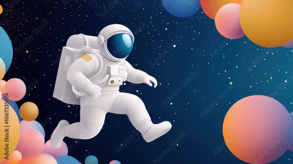 Poster astronaut exploring colorful bubbles in galaxy