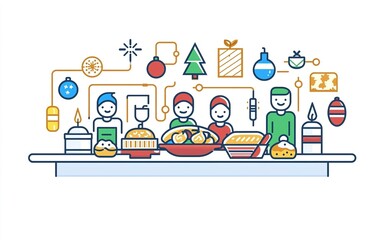 Festive kitchen scene with cheerful cooks preparing seasonal dishes and decorations during the holiday season