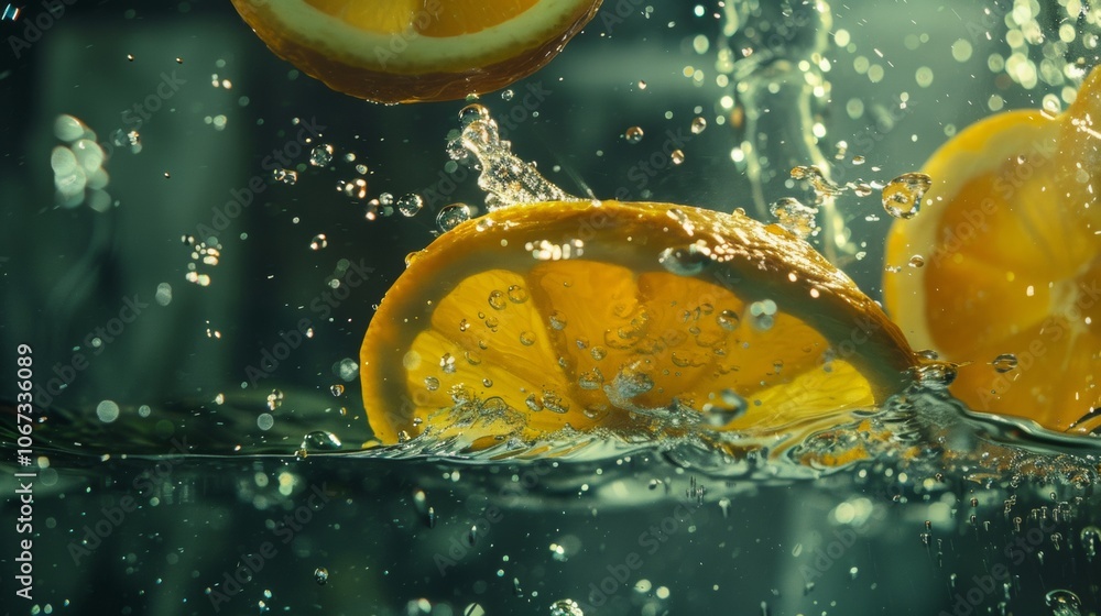 Poster sliced lemons splashing underwater with bubbles