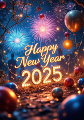 Generative AI Festive Happy New Year 2025 illustration with vibrant fireworks, golden text, and red balloons. Perfect for celebrating the New Year with a joyful and colorful design.
