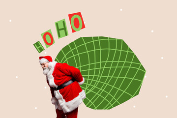 Collage picture image of funny old santa carrying bag with gifts isolated on drawing background