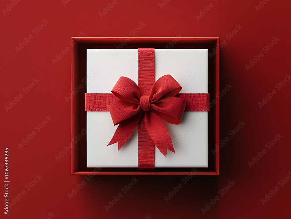 Poster blank white gift box open or top view of white present box tied with red ribbon bow isolated on dark