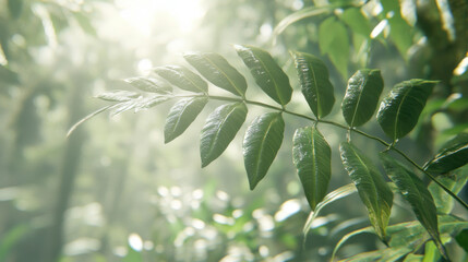 Obraz premium Palm leaves with sunlight and bokeh effect, creating a natural green background