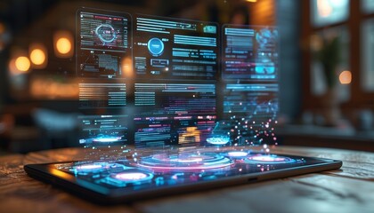 A tablet projecting an advanced holographic data interface in a dimly lit, futuristic setting, representing digital transformation and augmented reality technology.