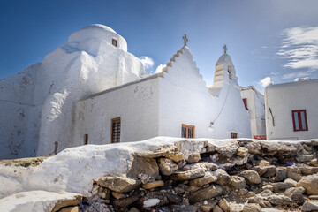 Christian church with white washed walls on the island of Mykonos, Greece