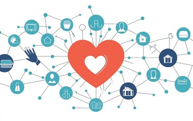 Illustration of interconnected home services represented by icons and a large heart emphasizing community care and support