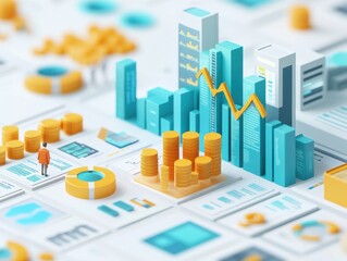 A vibrant 3D business analytics visualization with graphs and data charts showcasing market trends and financial growth.
