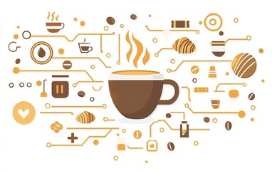 A visually appealing arrangement of coffee-themed elements including a steaming cup, beans, and pastries, styled in warm tones and abstract designs