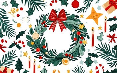 Decorative holiday wreath surrounded by festive elements like stars, ornaments, and candy canes on a bright background
