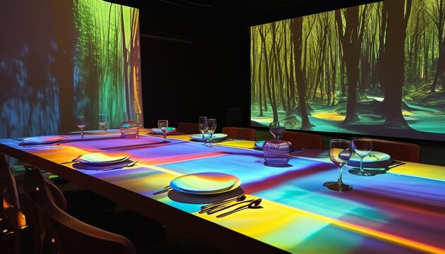 A dining setup featuring colorful projection mapping on the table and walls, creating a vibrant, immersive dining experience with dynamic visuals.