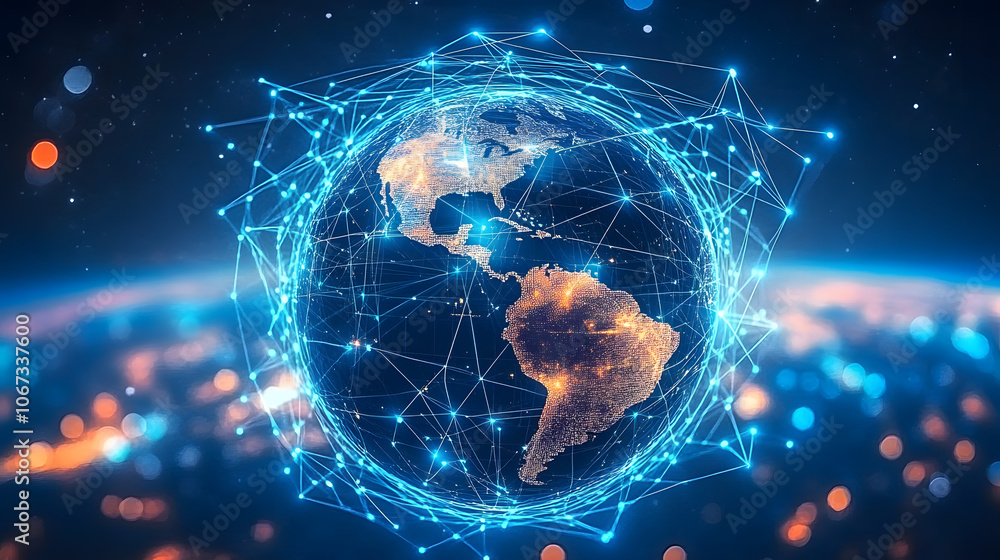 Poster earth globe surrounded by a digital network of lines and nodes
