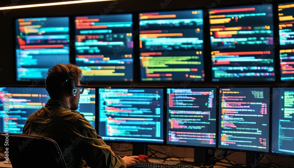 Poster a cybersecurity analyst observes numerous screens with real-time data, ensuring network security and