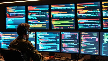 A cybersecurity analyst observes numerous screens with real-time data, ensuring network security and protection against potential threats in a modern tech environment.