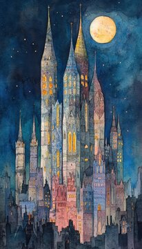 A whimsical castle illuminated by moonlight, showcasing intricate towers against a starry night sky.