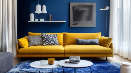 Yellow Sofa in a Modern Living Room with Blue Walls and a Blue Rug