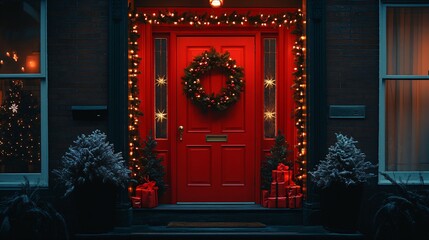 Welcoming red front door with christmas decorations and lanterns illuminating a cozy farmhouse style home entrance