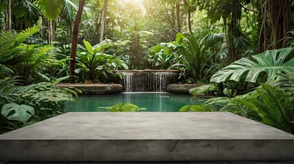 Natural stone and concrete podium in Natural green background for Empty show for packaging product presentation. Background for cosmetic products, the scene with green leaves. Mock up the pedestal.