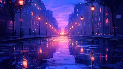 Obraz premium Glistening Puddle at Dusk, urban scene illuminated by streetlamps, vibrant light trails create a dynamic city atmosphere.