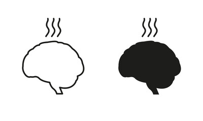 Mental Fatigue Sign. Burnout Brain Silhouette Icon Set. Hot Brain with Steam Symbolizing Exhaustion. Editable Stroke. Isolated Vector Illustration