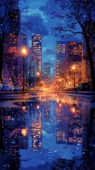 Glistening Puddle at Dusk, urban scene with shimmering reflections, soft light trails, vibrant city atmosphere, evening tranquility