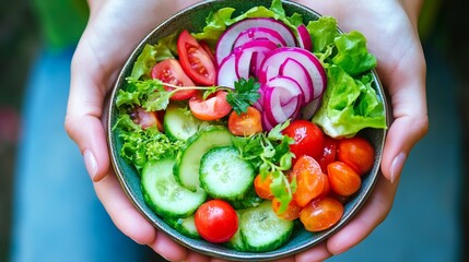 A person holding a beautifully arranged bowl of fresh salad outdoors in natural light showcasing mindful eating habits