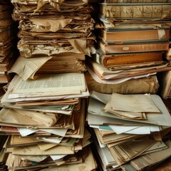 Vintage books and documents stacked in an antique library setting.