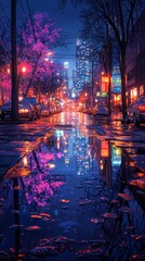 Naklejka premium Urban Reflection, a vibrant puddle mirrors city lights, enhancing the enchanting atmosphere of an evening sidewalk scene