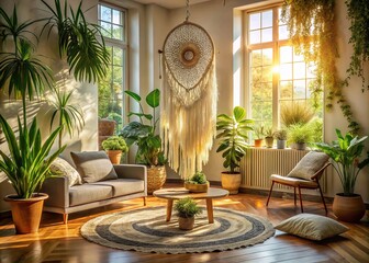 A panoramic view of a sun-drenched bohemian living room, filled with plants and a dream catcher.
