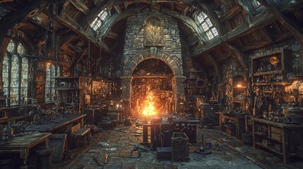 Fototapeta premium Explore the enchanting world of a wizard's workshop filled with magical artifacts and secrets