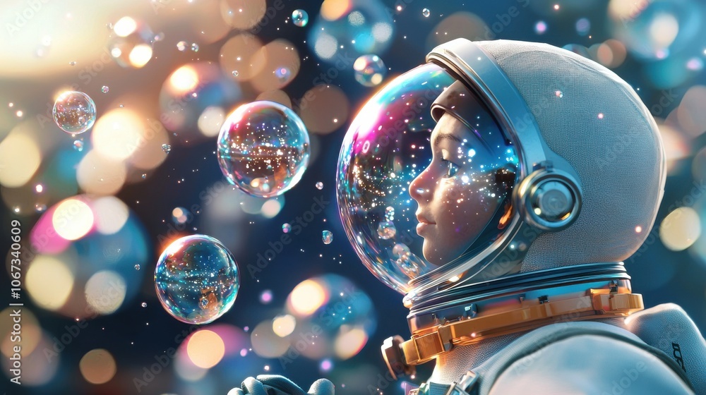 Poster astronaut surrounded by colorful floating bubbles