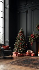 Cozy Christmas living room with decorated tree, presents, and fireplace