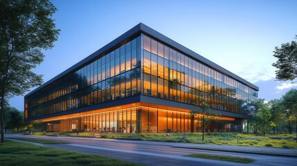 Fototapeta premium sleek modern office building reflects sunlight on its glass facade surrounded by lush green trees under a clear blue sky emphasizing a sustainable business concept and harmony with nature