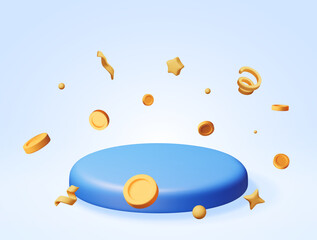 3D podium with flying coins and confetti around. Render pedestal with money. Win celebration concept. Growth, income, savings, investment. Symbol of wealth. Business success. Vector illustration