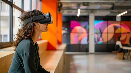 An office space where employees use augmented reality for virtual meetings and collaborative projects