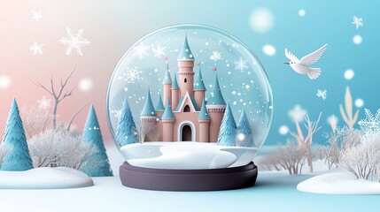 A magical snow globe featuring a whimsical castle amidst snowy trees, with soft pastel colors and a serene winter backdrop.