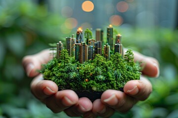 Sustainable urban development: miniature green city in hands with lush vegetation and led lights.