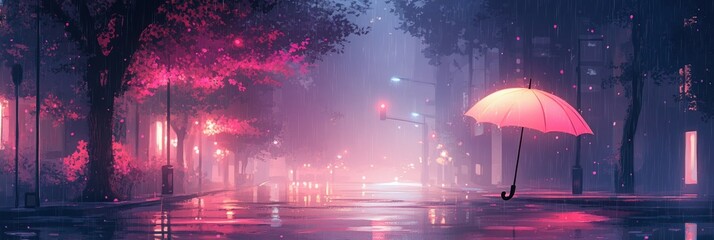 Dusk Rainy Street with Glowing Pastel Umbrella, serene ambiance, vibrant reflections, soothing twilight colors, inviting atmosphere