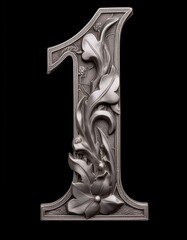 1 one number silver steel iron metal metallic on black background isolated simple minimalist modern design decorated 